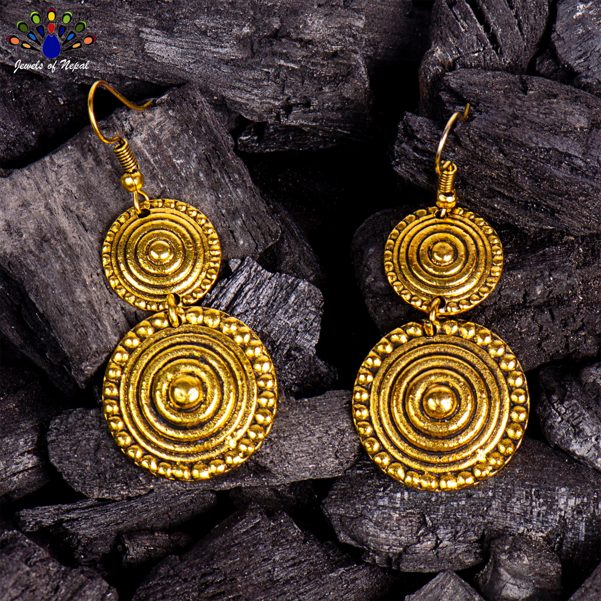 Golden Double Circular Round Patterned Earrings For Women- Jewels Of Nepal - Image 3