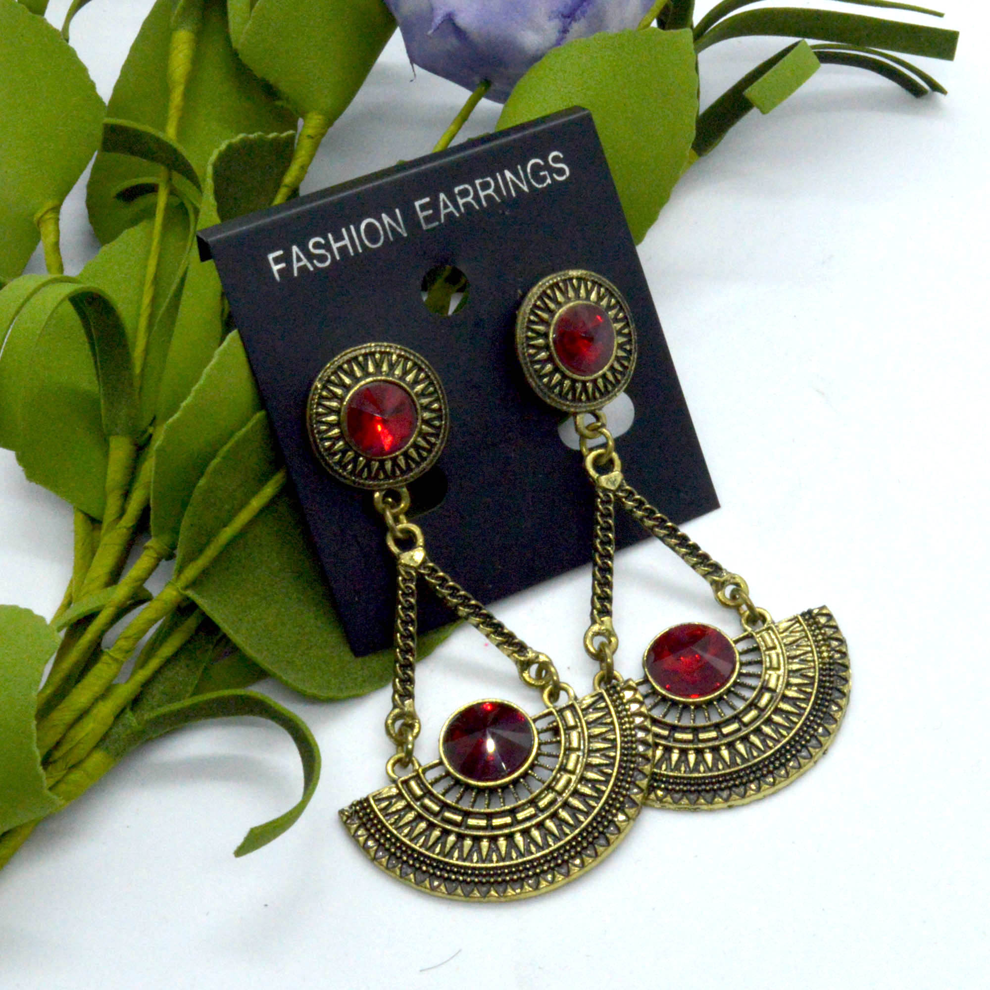 Red Stone Adorned Tribal Patterned Dangling Earrings - Image 2