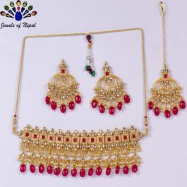 Stones & Beads Studded Choker Necklace, Earrings and Maangtika Set