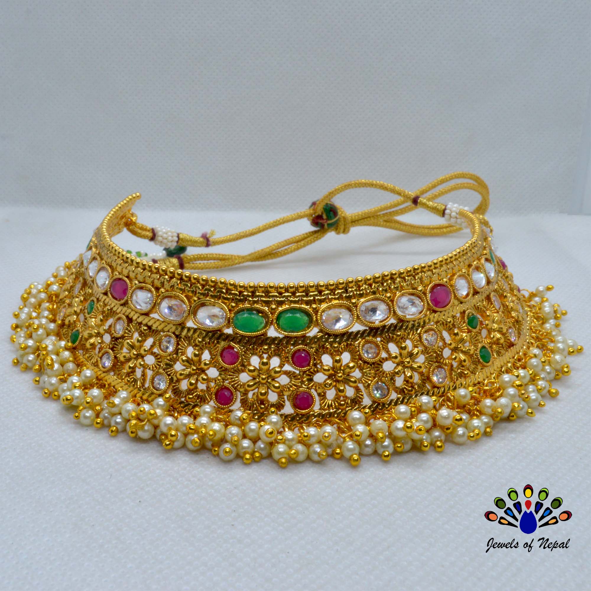 High Gold Faux Moti & Multicolored Stones Embellished Adjustable Choker Necklace Set With Earrings & Maangtika - Image 2