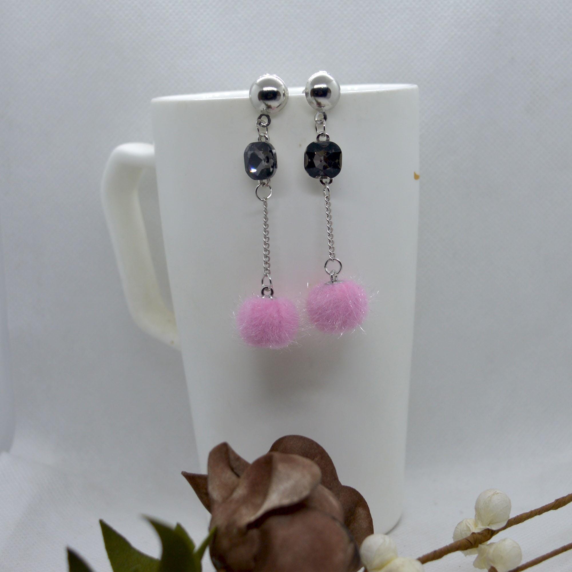 Korean Style Faux Crystal Adorned Chain Pom Drop Earrings For Women - Image 7