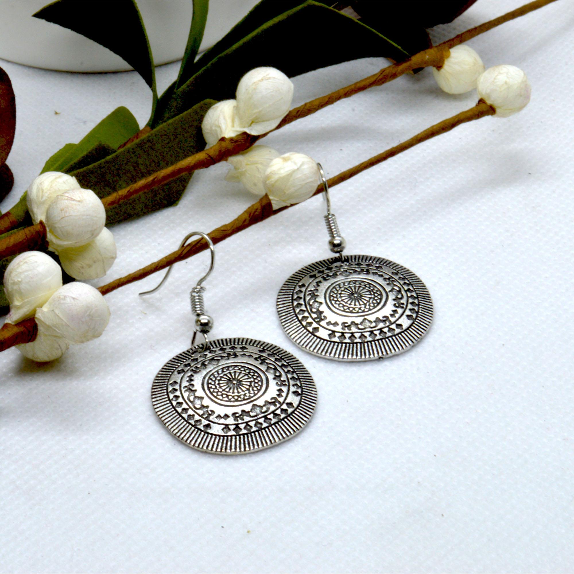 Silver Circular Tribal Patterned Drop Earrings For Women - Image 2
