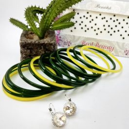 Green Bangles And White Shiny Earrings Set With Free Tika Packet