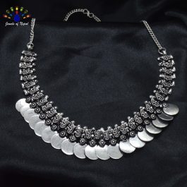 Jewels of Nepal Silver Oxidized Tribal Designed Coin Style Necklace (Free Nose Clip)