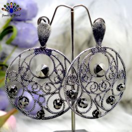 Silver Oxidized Toned Cut Patterned Round Earrings For Women