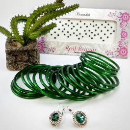 Green Glossy Bangles And Dot Textured Green Earrings Set With Free Tika Packet