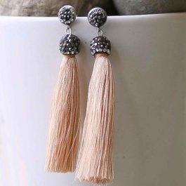 Beige Tasseled Stone Embellished Earrings For Women