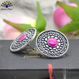 Antique Silver Toned Floral Printed Round Ear Studs For Women