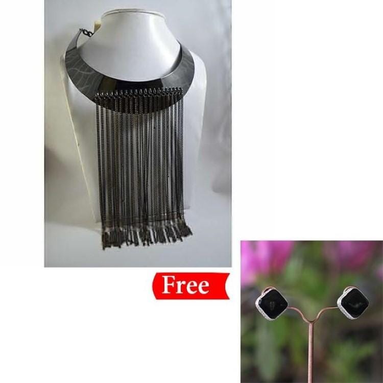 Black Showered Chain Long Necklace For Women(Sn_005) - Free Black Studs