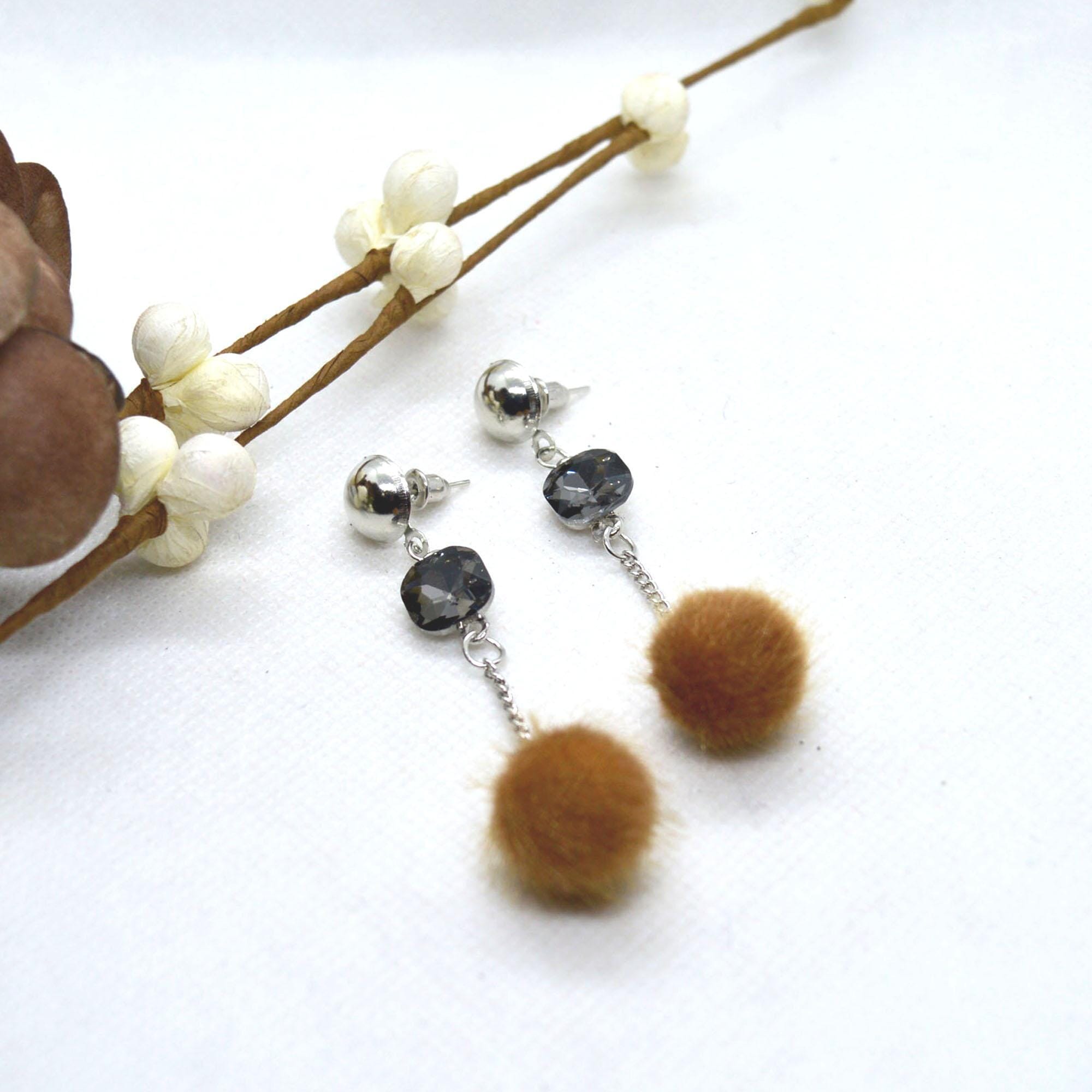 Korean Style Faux Crystal Adorned Chain Pom Drop Earrings For Women - Image 11