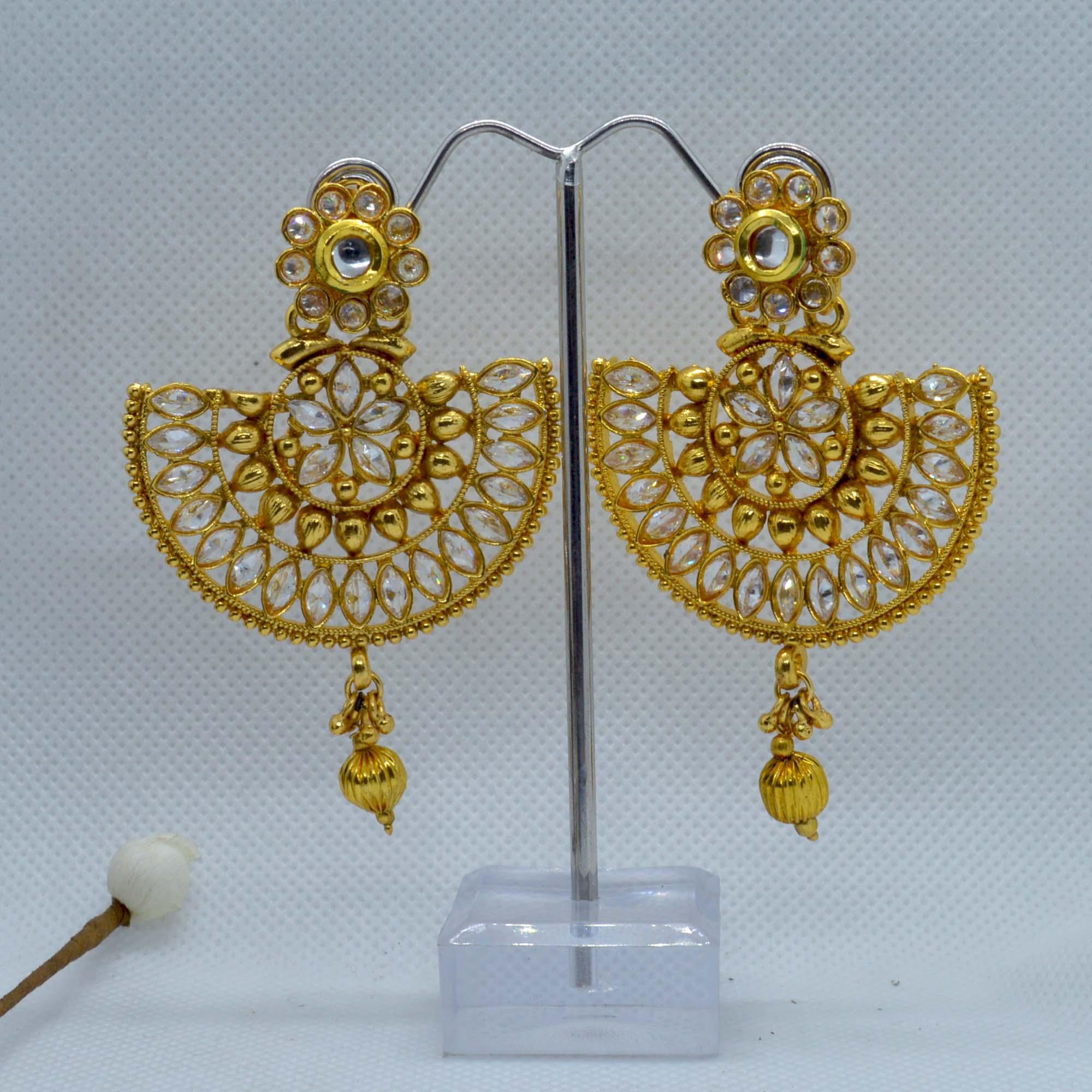 Gold Toned Kundan Stone Studded Chandbali Earrings For Women - Image 3