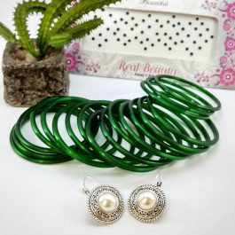 Green Glossy Bangles And Faux Moti Encircled Patterned Earrings Set With Free Tika Packet