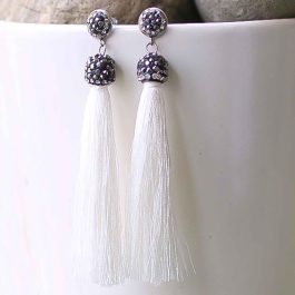 White Tassel Stone Embellished Earrings For Women