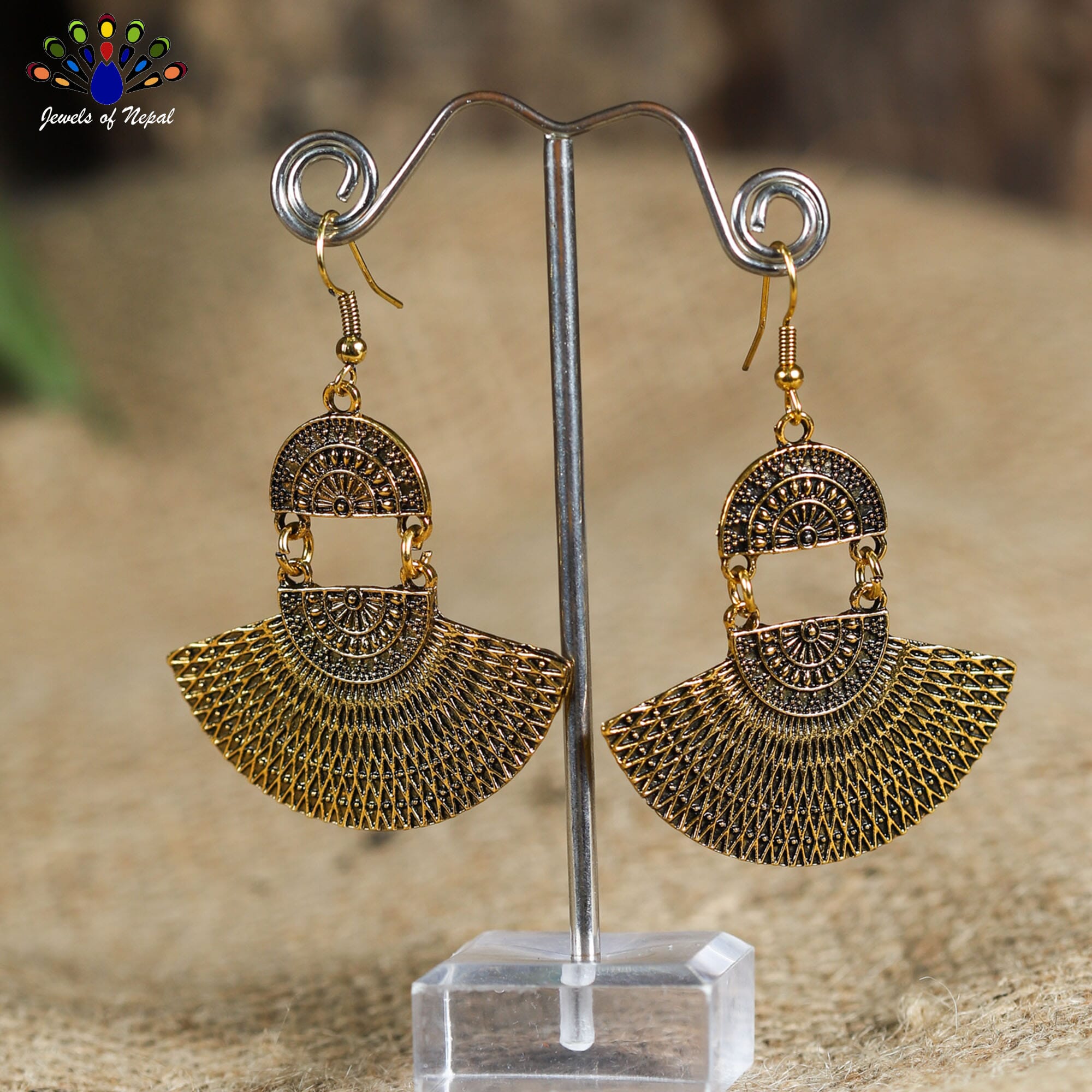 Oxidized Silver/Golden Toned Tribal Patterned Fan Design Drop Earrings- Jewels of Nepal - Image 4