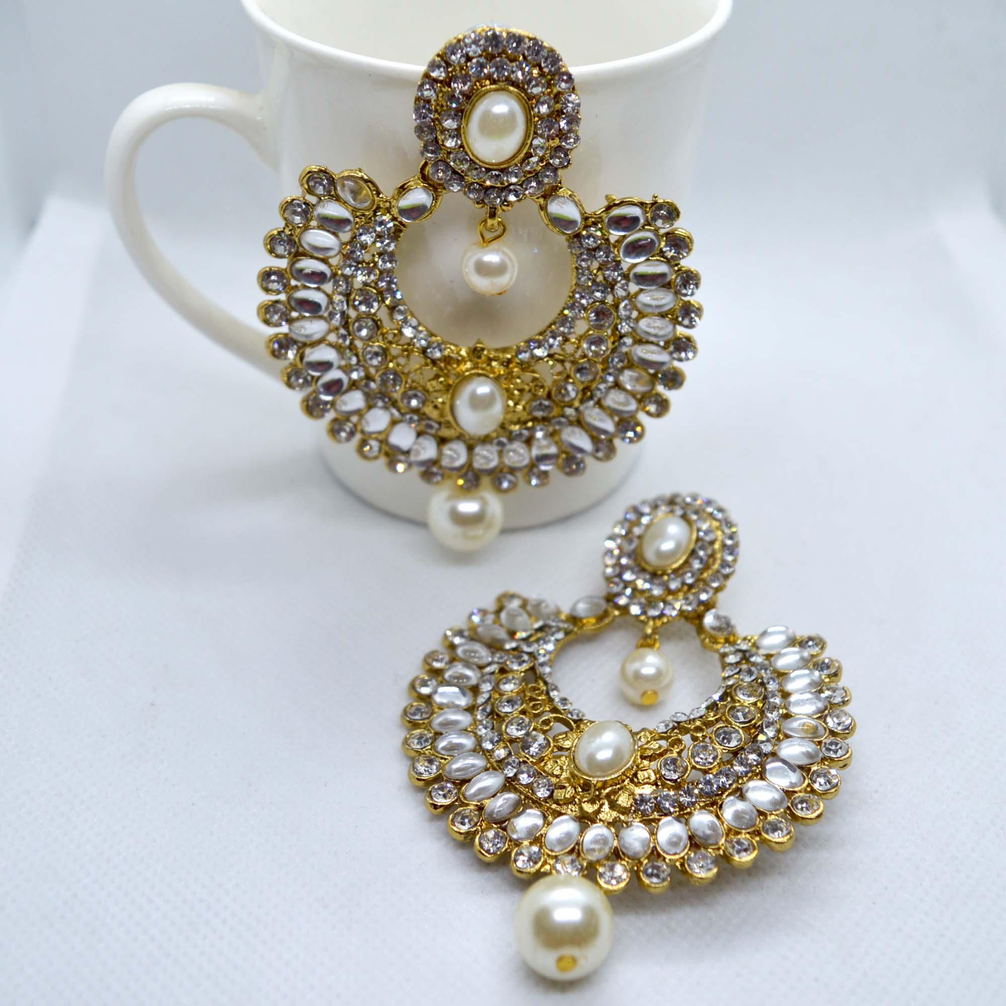 Golden Stone Studded Chandbali Designed Party Earrings For Women - Image 3
