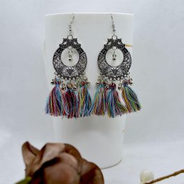 Silver/Multicolored Ethnic Patterned Chandbali Tassel Drop Earrings For Women