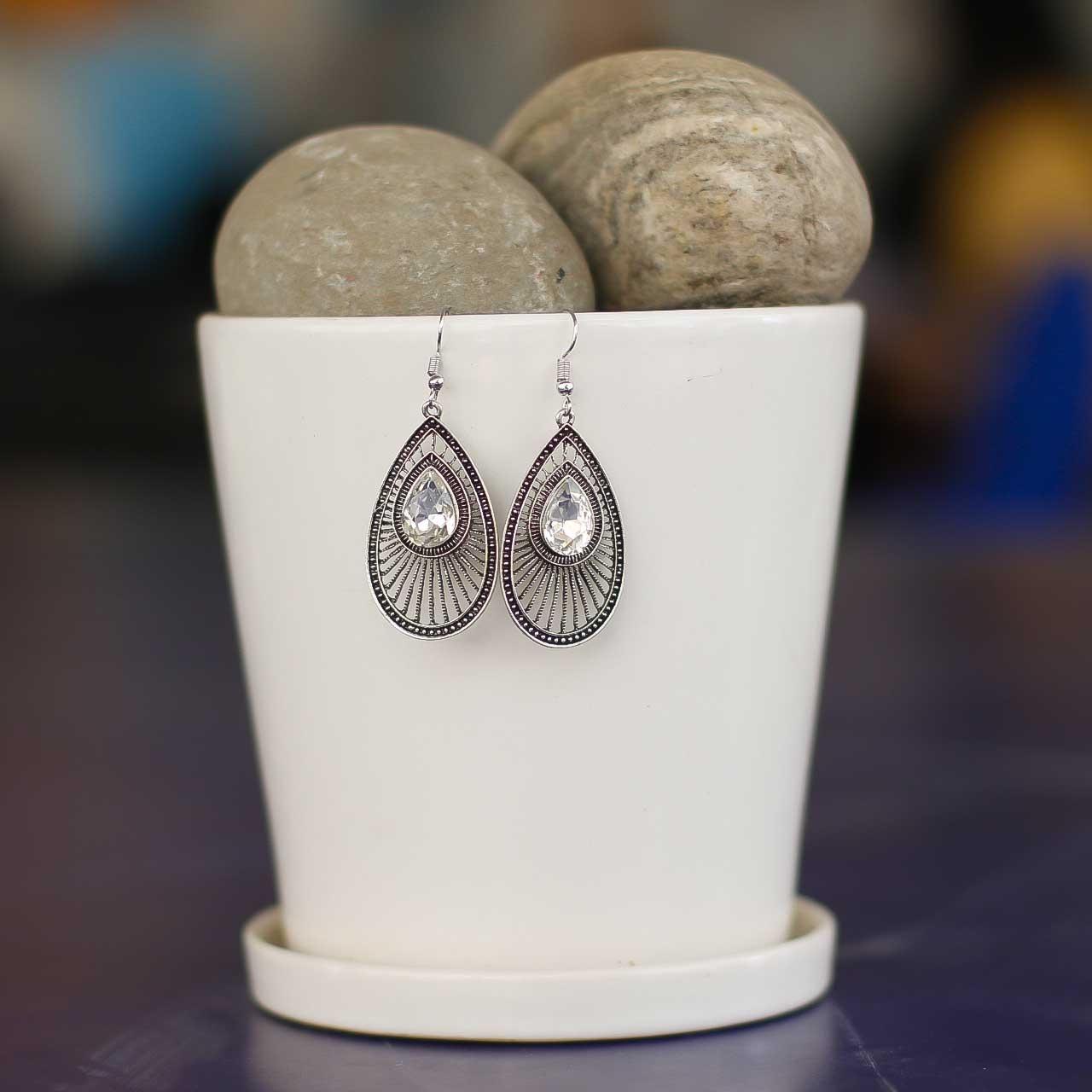 Silver/White Stoned Tear Drop Fall Earrings For Women - Image 2