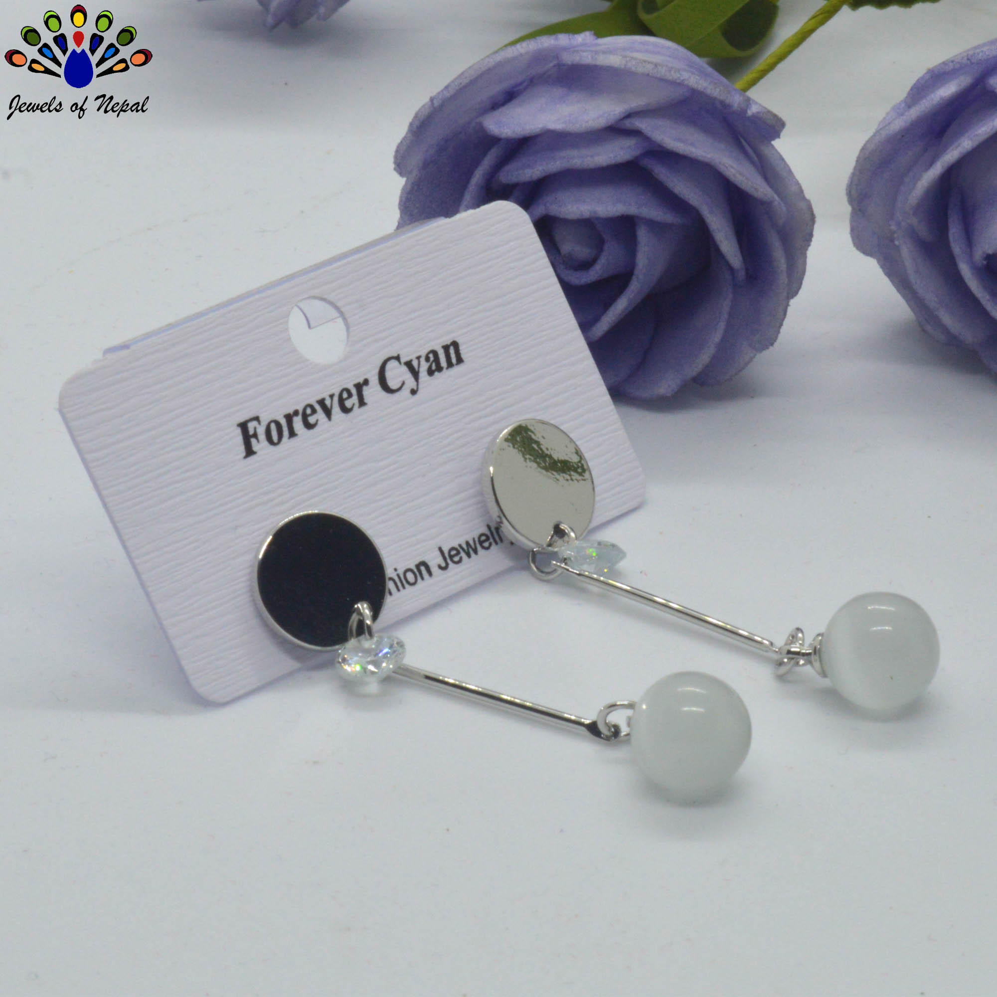 Faux Moonstone Drop Long Sleek Earrings - Image 2