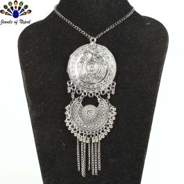 Silver Toned Long Locket Statement Necklace- Jewels of Nepal