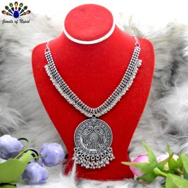 Oxidized Toned Balls Beaded Peacock Designed Round Pendant Statement Necklace by Jewels of Nepal