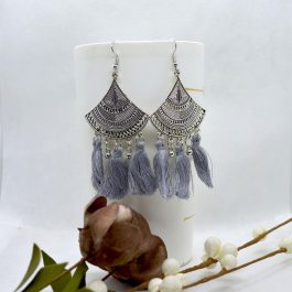 Silver/Multicolored Tribal Patterned Tassel Earrings For Women