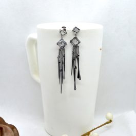 Silver Stone Adorned Chain Tassel Designed Earrings For Women