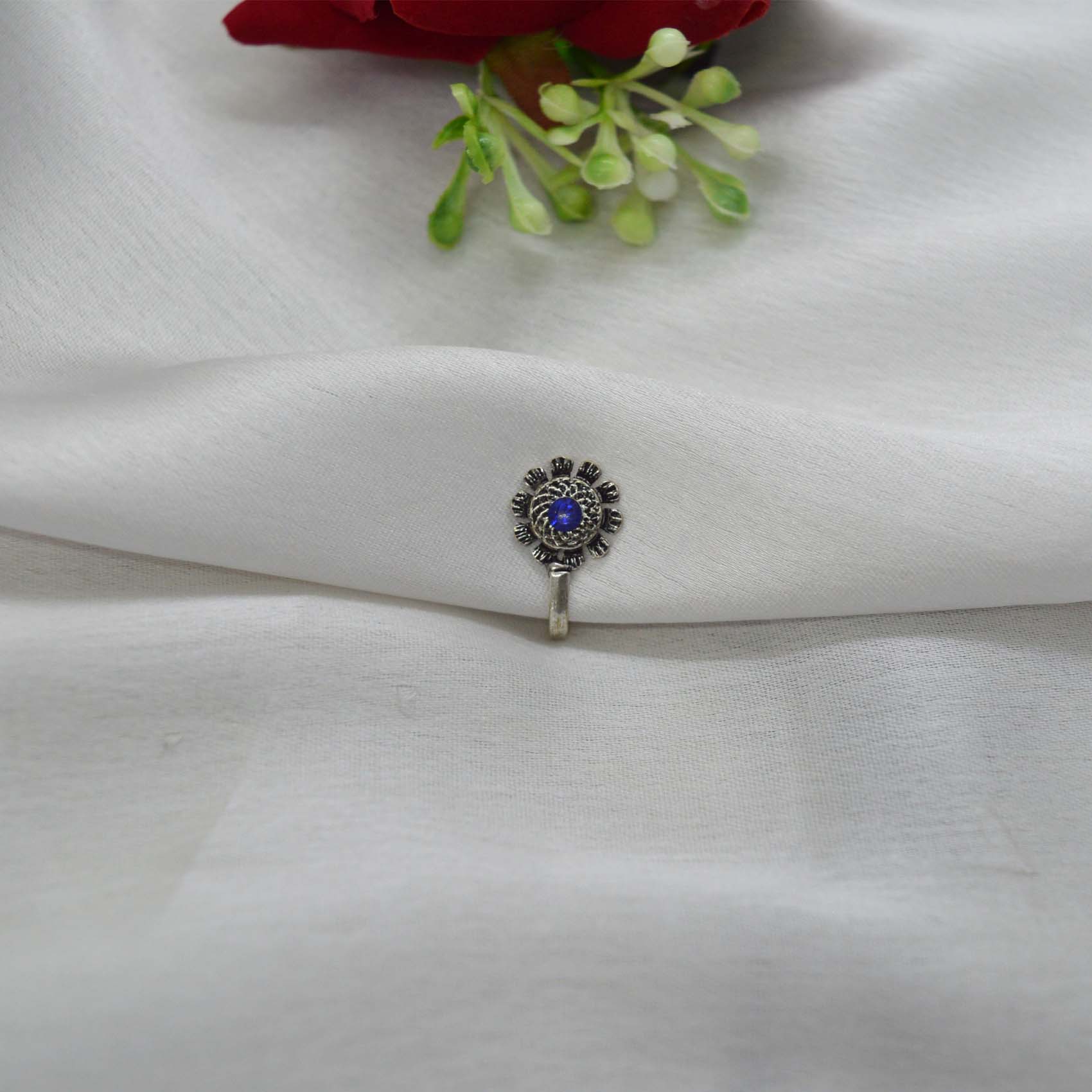 Oxidized Silver Toned Stone Clip on Nose Ring / Nathi/ Nathiya For Women- 1pc - Image 4